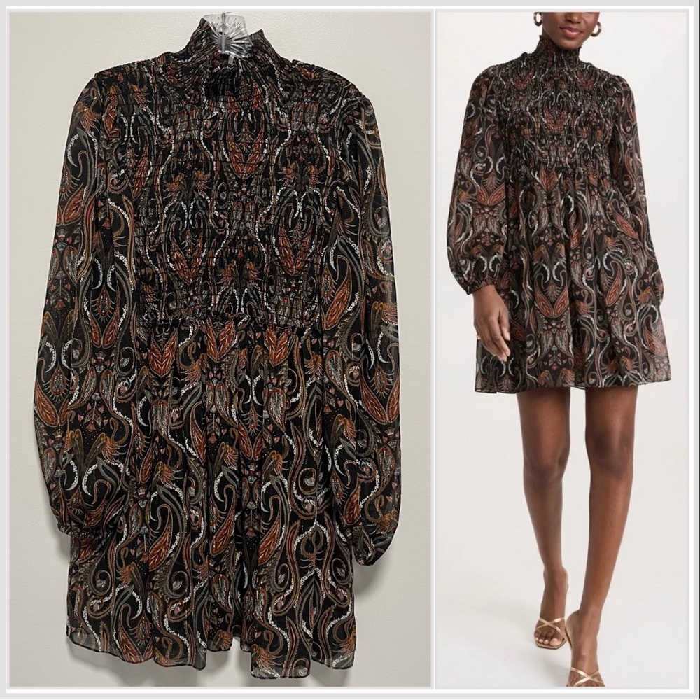 Misa Jessa Mini Dress Black Paisley Smocked Metallic Balloon Long Sleeves M